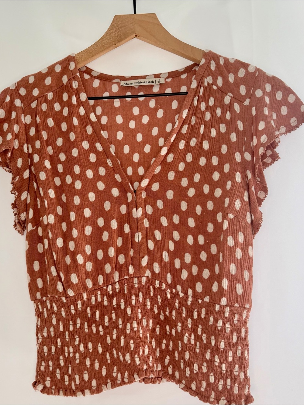 Abercrombie & Fitch Rust Polka Dot Smocked Waist V-Neck Top